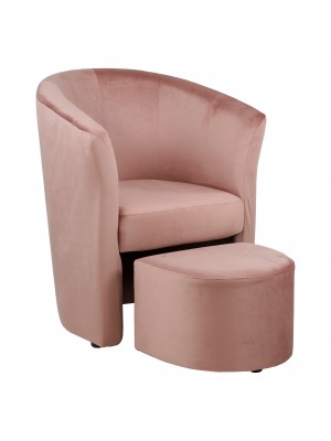 vista diagonale con pouf fuori Poltrona a pozzetto in velluto rosa