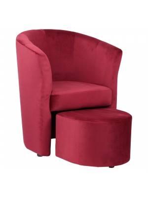 vista diagonale con pouf fuori Poltrona a pozzetto in velluto rossa
