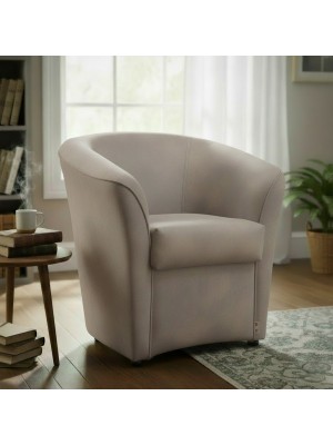 Vista ambientata Poltrona Poltroncina a POZZETTO Ecopelle, artigianale Made in Italy Effetto Nabuk Tortora Totò Piccinni