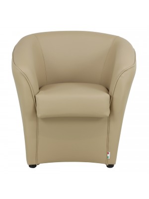 vista frontale Poltrona Poltroncina a POZZETTO Ecopelle, artigianale Made in Italy Marrone Cammello Totò Piccinni