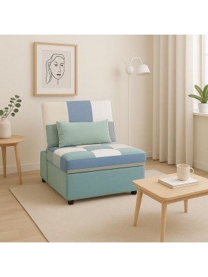 Vista ambientata Poltrona letto in Tessuto colore Patchwork Sky senza braccioli modello Prestodormo Totò Piccinni