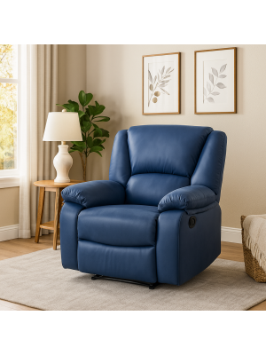 Vista ambientata di una robusta poltrona imbottita relax con schienale e poggiapiedi reclinabili in similpelle scamosciata blu modello Calipso Totò Piccinni