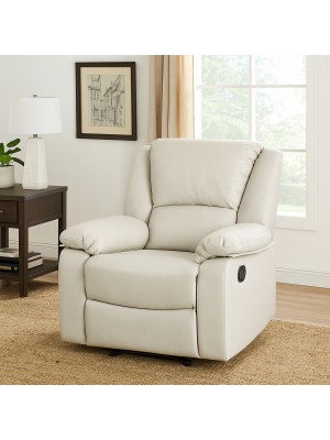 Vista ambientata  di una robusta poltrona imbottita relax con schienale e poggiapiedi reclinabili in similpelle scamosciata sabbia modello Calipso Totò Piccinni