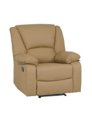 Vista di una robusta poltrona imbottita relax con schienale e poggiapiedi reclinabili in tessuto beige Calipso Totò Piccinni