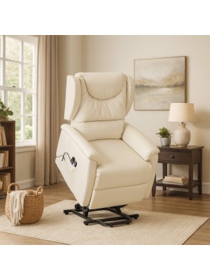 Vista ambientata Poltrona alza persona con due motori colore Ecopelle Panna massaggiante modello Sivglia Totò Piccinni