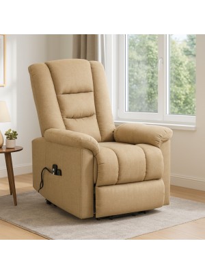 Vista ambientata Poltrona alza persone con due motori reclinabile e massaggiante colore Tessuto Beige modello Malaga Totò Piccinni