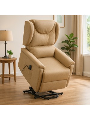 Vista ambientata Poltrona moderna reclinabile alza persona con due motori colore Tessuto Beige massaggiante modello Sivglia Totò Piccinni