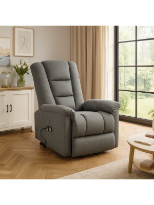 Vista ambientata Poltrona alza persone con due motori reclinabile e massaggiante colore Tessuto Grigio modello Malaga Totò Piccinni