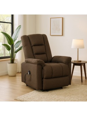 Vista ambientata Poltrona alza persone con due motori reclinabile e massaggiante colore Tessuto Marrone modello Malaga Totò Piccinni