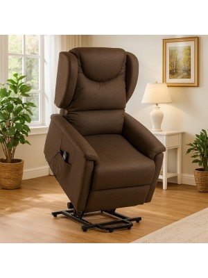 Vista ambientata Poltrona alza persona con due motori colore Tessuto Marrone massaggiante modello Sivglia Totò Piccinni