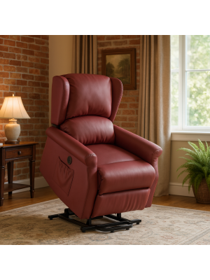 Vista ambientata Poltrona relax in Ecopelle colore Bordeaux elettrica alzaperosna imbottita con poggiapiedi modello Barcellona Totò Piccinni