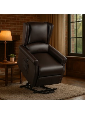 Vista ambientata Poltrona relax in Ecopelle colore Testa di Moro elettrica alzaperosna imbottita con poggiapiedi modello Barcellona Totò Piccinni