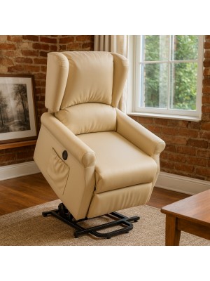 Vista ambientata Poltrona relax in Ecopelle colore Panna elettrica alzaperosna imbottita con poggiapiedi modello Barcellona Totò Piccinni