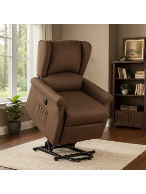 Vista ambientata Poltrona relax in Tessuto colore Marrone elettrica alzaperosna imbottita con poggiapiedi modello Barcellona Totò Piccinni