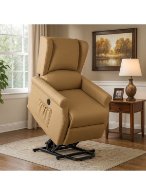 Vista ambientata Poltrona relax in Tessuto colore Sabbia elettrica alzaperosna imbottita con poggiapiedi modello Barcellona Totò Piccinni