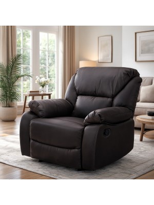 Vista ambientata di una robusta poltrona imbottita relax con schienale e poggiapiedi reclinabili in ecopelle Marrone Calipso Totò Piccinni