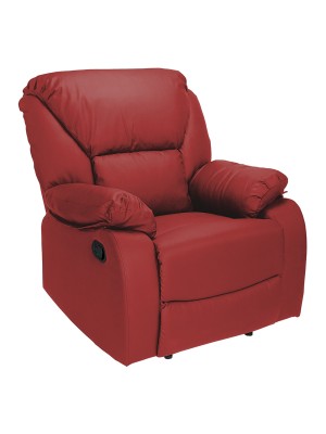 Vista di una robusta poltrona imbottita relax con schienale e poggiapiedi reclinabili in ecopelle rosso bordeaux Calipso Totò Piccinni