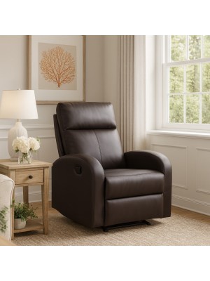 vista ambientata poltrona eureka reclinabile manualmente con poggiapiedi ecopelle testa di moro