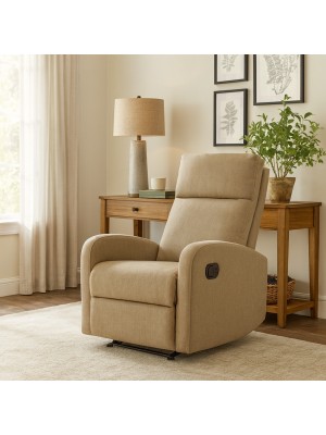 vista ambientata poltrona eureka reclinabile manualmente con poggiapiedi tessuto beige