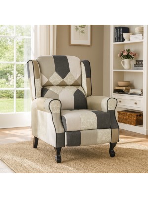 Vista ambientata Poltrona relax in Tessuto colore Patchwork Elegant modello Soft comfort con poggiapiedi Totò Piccinni