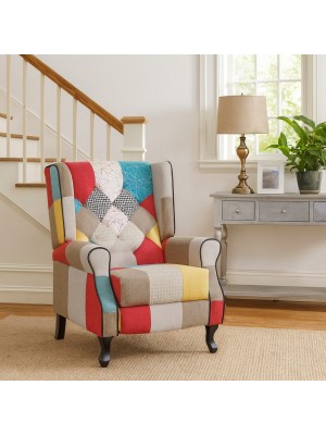 Vista ambientata Poltrona relax in Tessuto colore Patchwork Party modello comfort con poggiapiedi Totò Piccinni