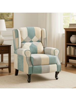 Vista ambientata Poltrona relax in Tessuto colore Patchwork Sky modello Soft comfort con poggiapiedi Totò Piccinni