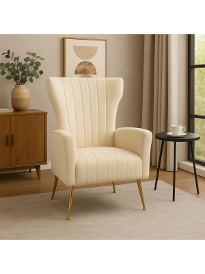 Poltrona CASTEL in Velluto imbottita con Gambe in Metallo finitura oro design Vintage (Beige)