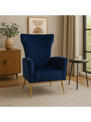 Poltrona CASTEL in Velluto imbottita con Gambe in Metallo finitura oro design Vintage (Blu)
