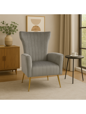 Poltrona CASTEL in Velluto imbottita con Gambe in Metallo finitura oro design Vintage (Grigio)