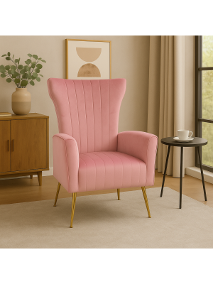 Poltrona CASTEL in Velluto imbottita con Gambe in Metallo finitura oro design Vintage (Rosa)