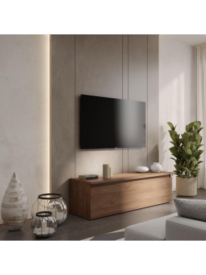 Vista ambientata Porta tv in legno con cassettone colore rovere mercure 138x40h modello Modula Totò Piccinni
