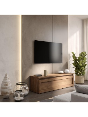 Vista ambientata Porta tv in legno con cassettone con cornice colore rovere mercure 138x40h modello Modula Totò Piccinni