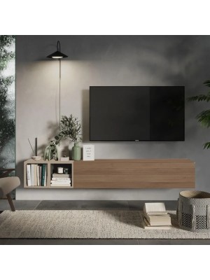 Vista ambientata Mobile porta tv sospeso con pensile a ribalta rovere mercure e coppia di cubi argilla modello Modula Totò Piccinni