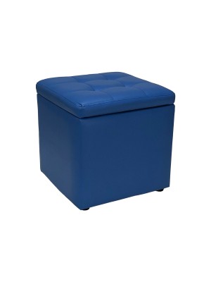 Vista diagonale di un pouf grande imbottito con contenitore in ecopelle blu chiuso Totò Piccinni