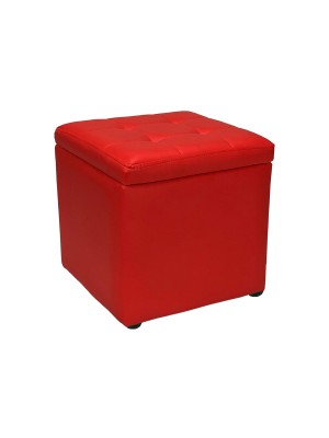 Vista diagonale di un pouf grande imbottito con contenitore in ecopelle rosso chiuso Totò Piccinni