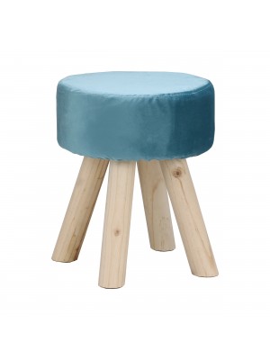 Pouf Sgabello Poggiapiedi con Gambe in Legno (Velluto Azzurro, Rotondo 34,5 h)