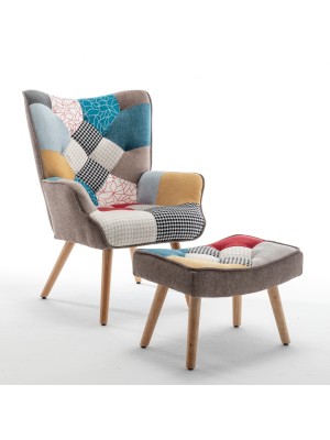 Poltrona con sgabello colore Patchwork Party con gambe in legno modello Siesta Totò Piccinni