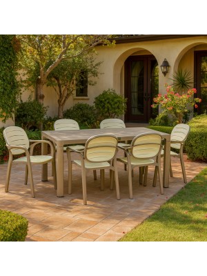 Vista ambientata Set da giardino con 6 poltroncine colore "Cappuccino/Cappuccino" in Polipropilene modello Nadia Totò Piccinni