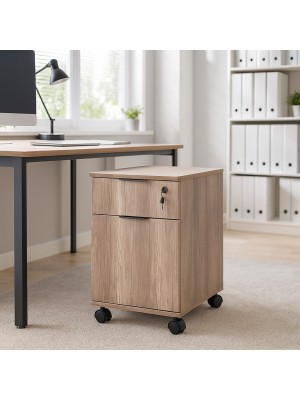 Vista ambientata Cassettiera ufficio in legno colore Rovere per scrivania con rotelle e serrature Totò Piccinni