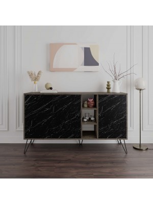madia in legno con tre ante e tra vani Rovere Fumo/Effetto Marmo Nero