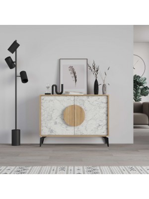 Vista frontale Madia credenza 2 ante e 1 ripiano interno colore "Naturale/Carrara" modello Circle Totò Piccinni