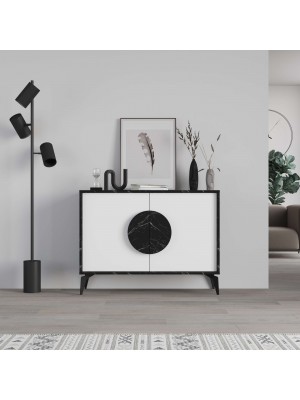 Vista frontale Madia credenza 2 ante e 1 ripiano interno colore "Marmo Nero/Bianco" modello Circle Totò Piccinni