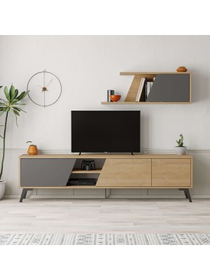 Vista frontale ambientata Parete TV con 3 e 2 vano colore "Naturale/Antracite" con pensile modello Loft Totò Piccinni