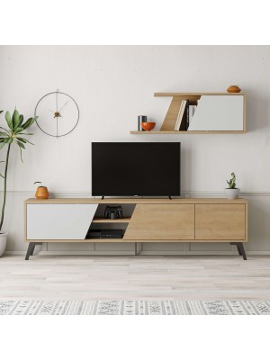 Vista ambientata Vista frontale ambientata Parete TV con 3 e 2 vano colore "Naturale/Antracite" con pensile modello Loft Totò Piccinni