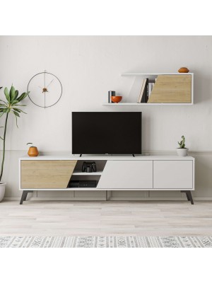 Vista frontale ambientata Parete TV con 3 e 2 vano colore "Bianco/Naturale" con pensile modello Loft Totò Piccinni