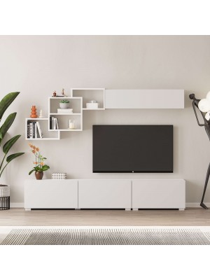 Vista ambientata frontale Parete TV in Legno con 4 ante e 4 vani colore Bianco modello Quadra Totò Piccinni
