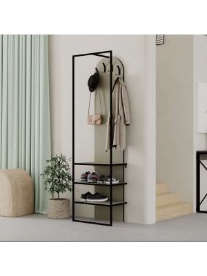 Vista diagonale ambientata Appendiabiti da ingresso colore Verde Salvia con 4 ganci e 3 ripiani modello Vertiko Totò PiccinniAppendiabiti da ingresso colore Verde Salvia con 4 ganci e 3 ripiani modello Vertiko Totò Piccinni