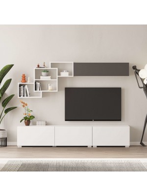 Vista frontale ambientato Parete TV in Legno con 4 ante e 4 vani colore Bianco/Antracite modello Quadra Totò Piccinni