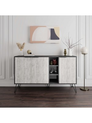 madia in legno con tre ante e tre vani cemento/bianco antico 