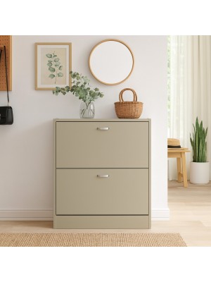 Vista ambientata Scarpiera in legno colore Tortora con 2 ante a ribalta con doppio scompartimento Totò Piccinni